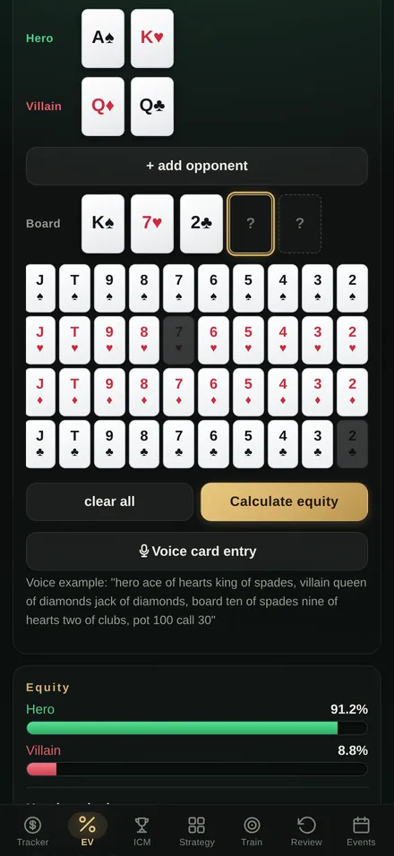 Equity calculator: Hero with ace of spades and king of hearts against queen of diamonds and queen of clubs on a K-7-2 board, Hero at 91.2%