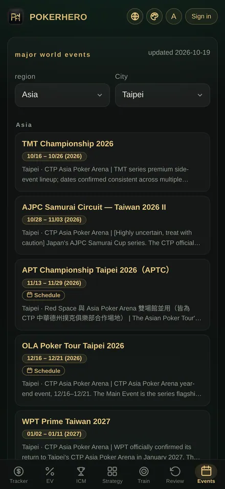 Tournament schedule filtered to Asia and Taipei, listing upcoming international series with dates and venues