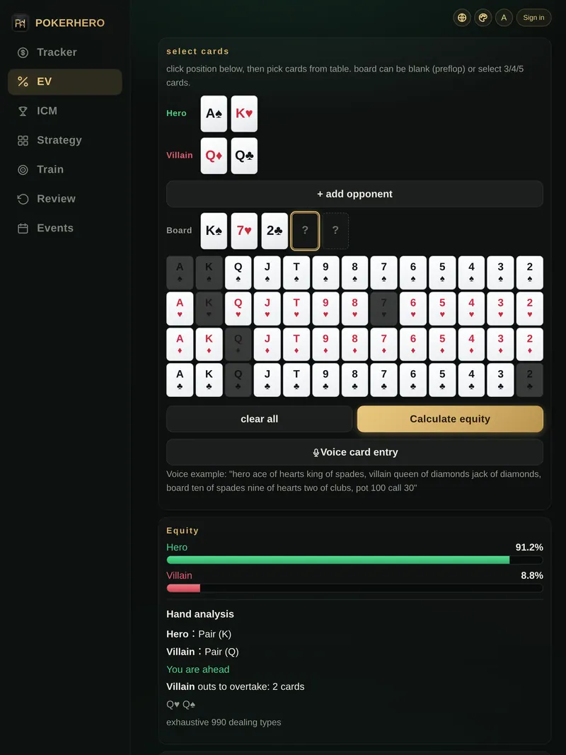 POKERHERO on iPad: the same app installs on iPad, with hole cards, board and each player's equity on a large screen